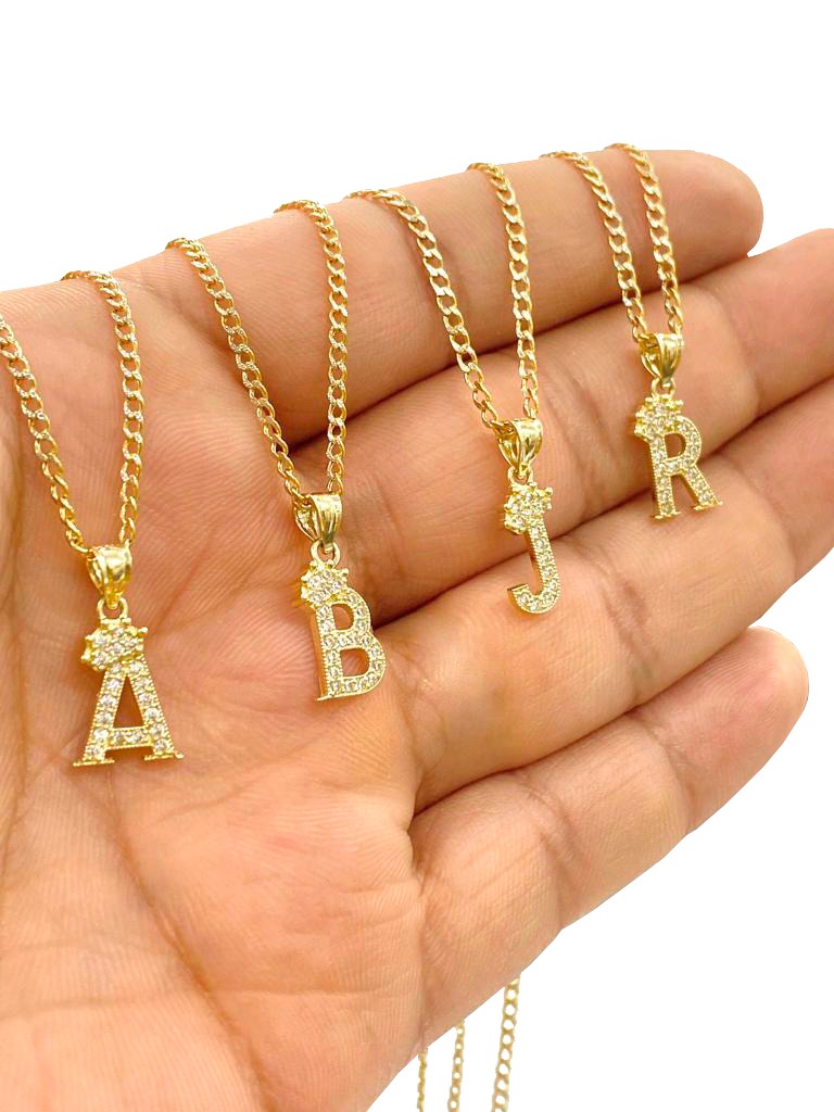 14K Yellow Gold CZ Initials Letters Pendant Necklace Cuban Chain Baby Gilrs Boys Nameplate