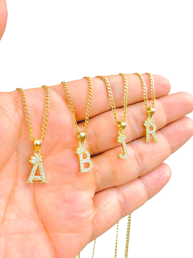 14K Yellow Gold CZ Initials Letters Pendant Necklace Cuban Chain Baby Gilrs Boys Nameplate