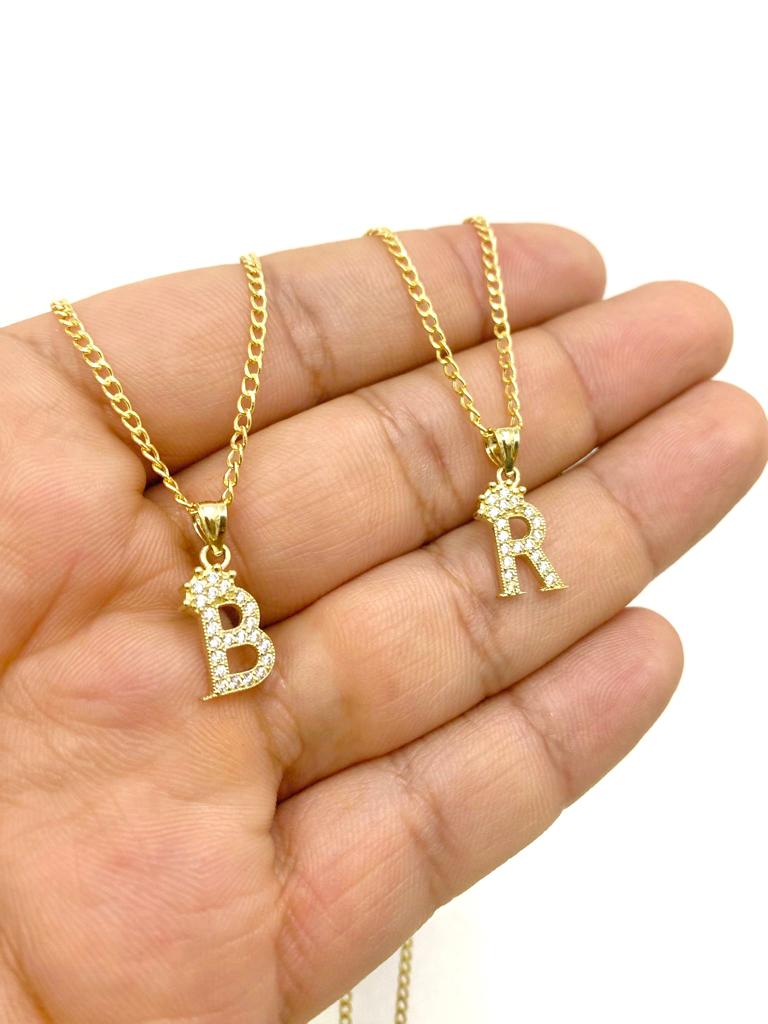 14K Yellow Gold CZ Initials Letters Pendant Necklace Cuban Chain Baby Gilrs Boys Nameplate