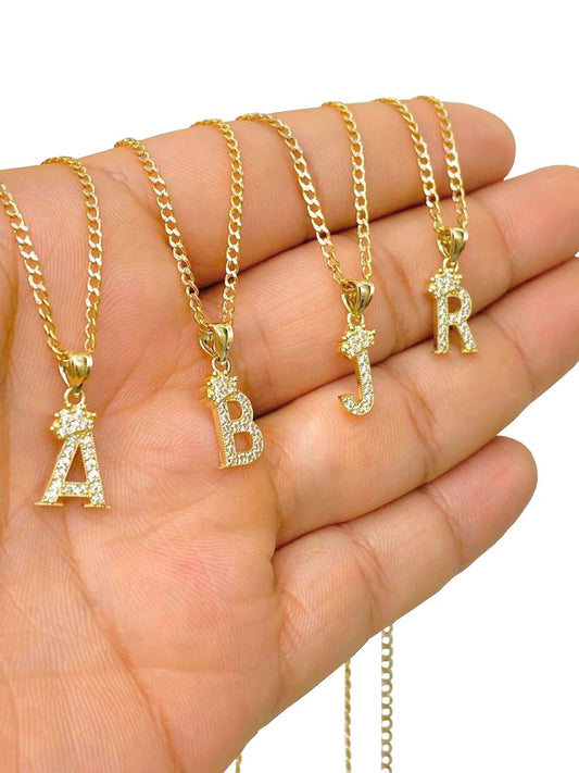 14K Yellow Gold CZ Initials Letters Pendant Necklace Cuban Chain Baby Gilrs Boys Nameplate