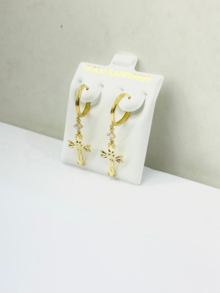 10K Yellow Gold CZ Huggies Hoop Cross Dangle Earrings Gilrs Baby Confirmation Gift