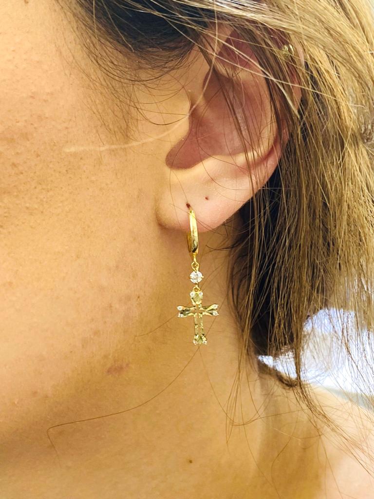 10K Yellow Gold CZ Huggies Hoop Cross Dangle Earrings Gilrs Baby Confirmation Gift