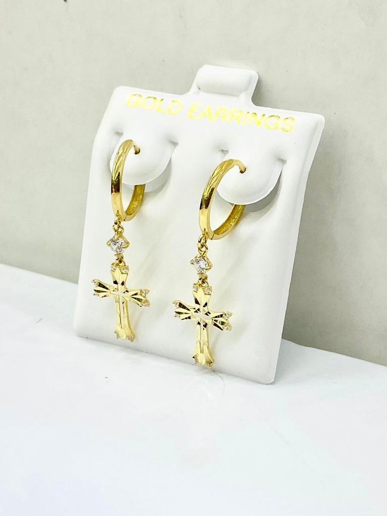 10K Yellow Gold CZ Huggies Hoop Cross Dangle Earrings Gilrs Baby Confirmation Gift