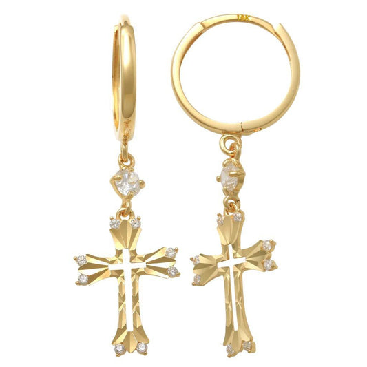 10K Yellow Gold CZ Huggies Hoop Cross Dangle Earrings Gilrs Baby Confirmation Gift