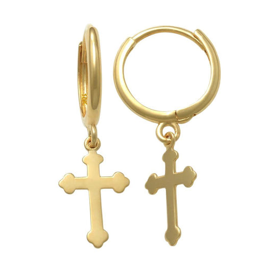 10K Yellow Gold Cross Huggies Hoop Dangle Earrings Baby Kids Girls 1st Communion Gift Jewelry