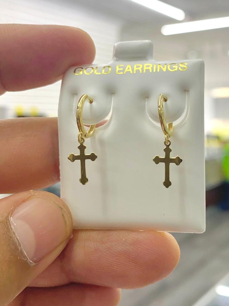 10K Yellow Gold Cross Huggies Hoop Dangle Earrings Baby Kids Girls 1st Communion Gift Jewelry