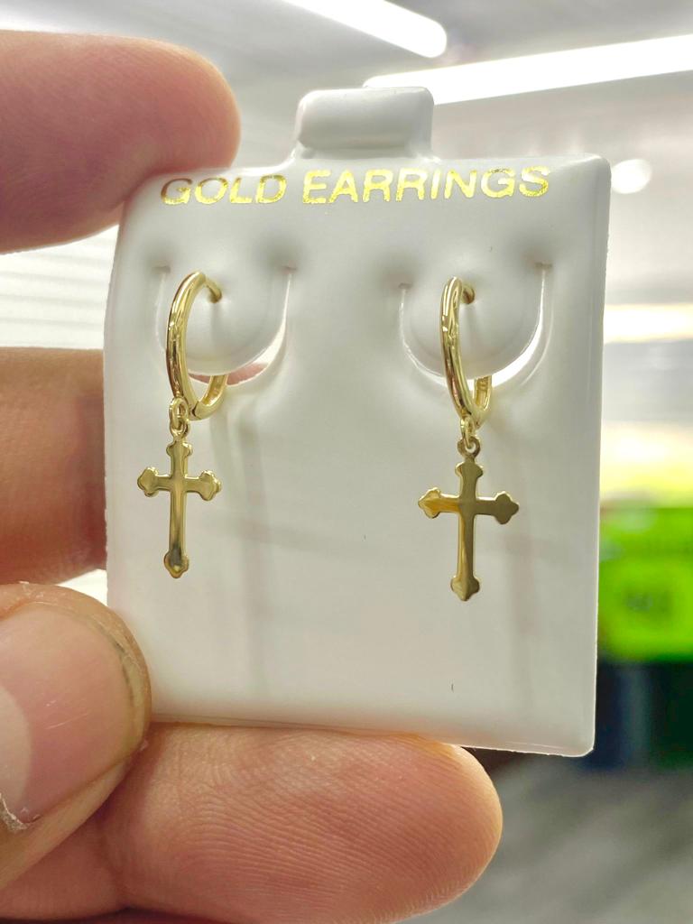 10K Yellow Gold Cross Huggies Hoop Dangle Earrings Baby Kids Girls 1st Communion Gift Jewelry