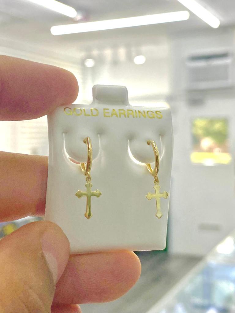 10K Yellow Gold Cross Huggies Hoop Dangle Earrings Baby Kids Girls 1st Communion Gift Jewelry