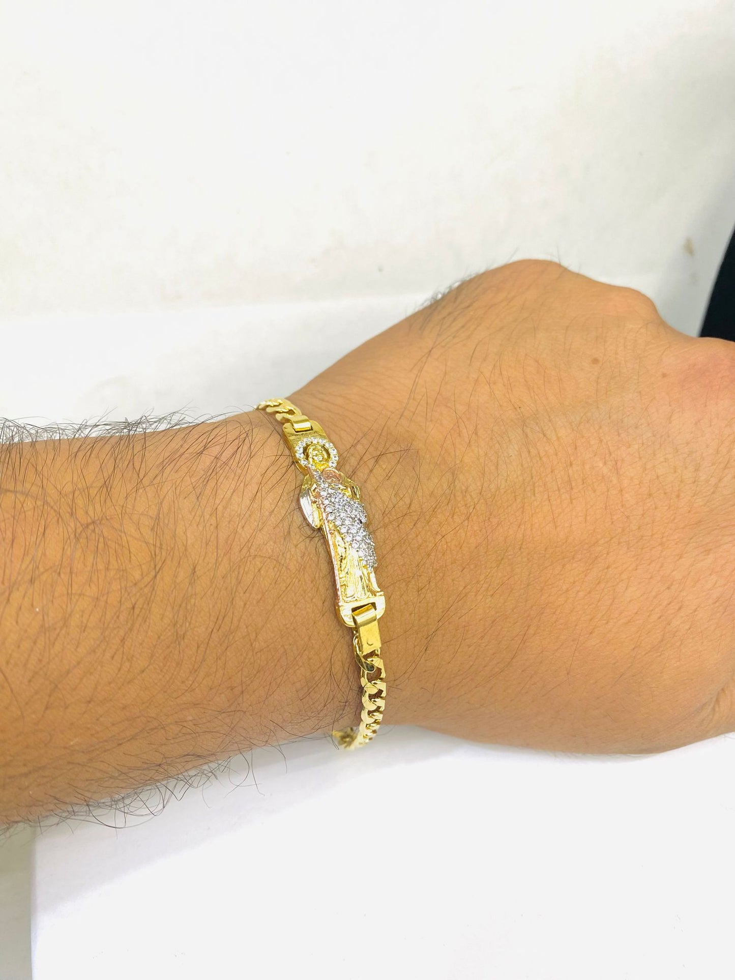 14K Gold Filled San Judas Bracelet Religious Jewelry for Mens 7.5" 10mm Catholics Jewelry