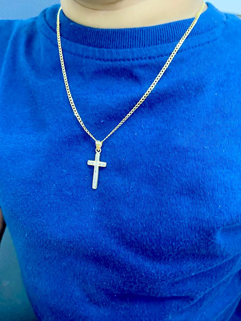 Kids 16" Cross Necklace CZ Charm Pendant Crucifix 14K Gold Curb Chain 3.24g Religious