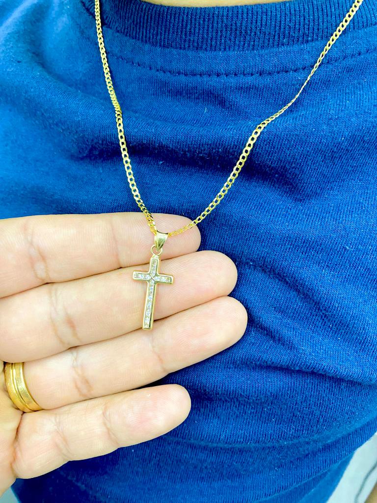 Kids 16" Cross Necklace CZ Charm Pendant Crucifix 14K Gold Curb Chain 3.24g Religious