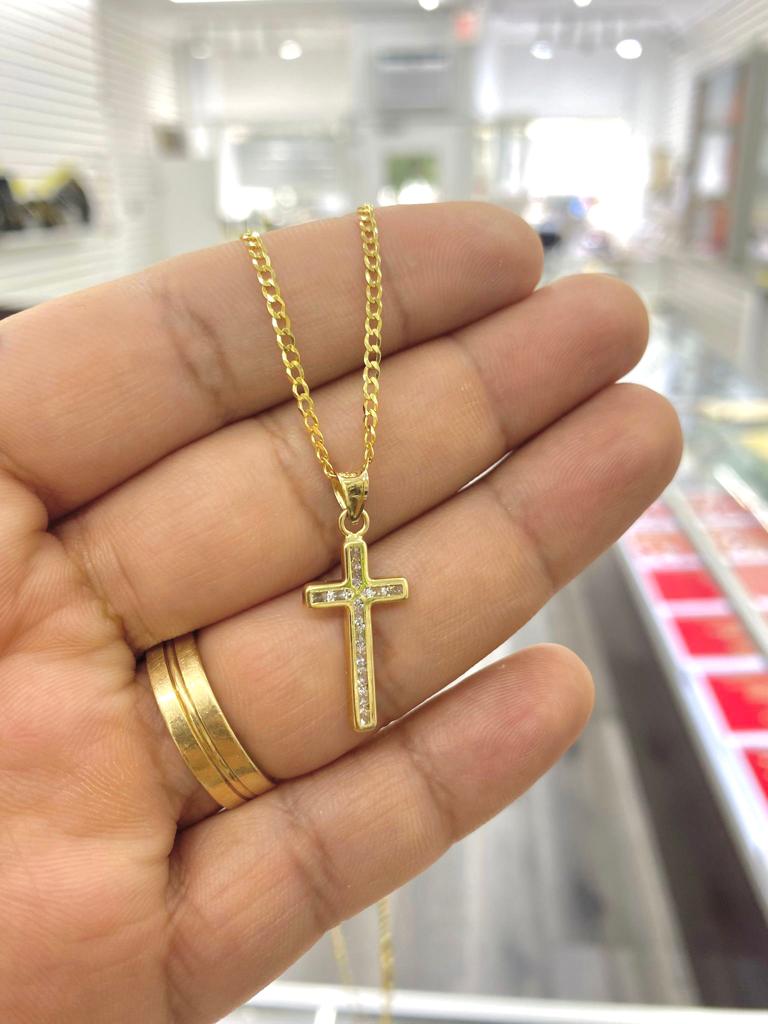 Kids 16" Cross Necklace CZ Charm Pendant Crucifix 14K Gold Curb Chain 3.24g Religious