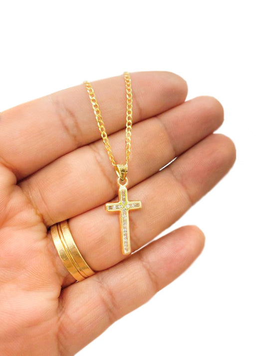 Kids 16" Cross Necklace CZ Charm Pendant Crucifix 14K Gold Curb Chain 3.24g Religious