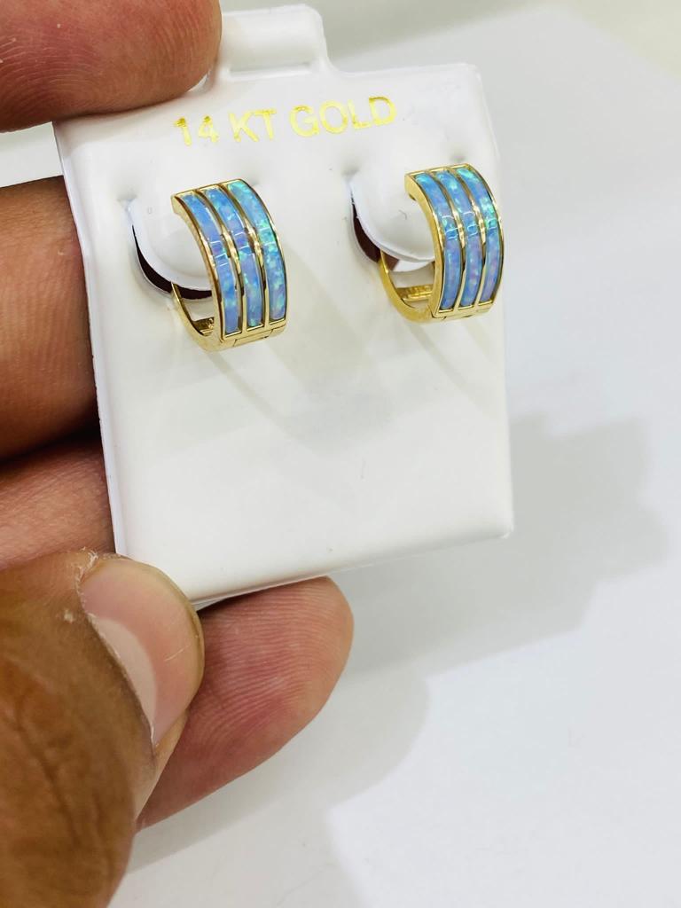 14K Yellow Blue Opal Huggies Hoop Earrings Babies Girls Jewelry Womens 11x12mm