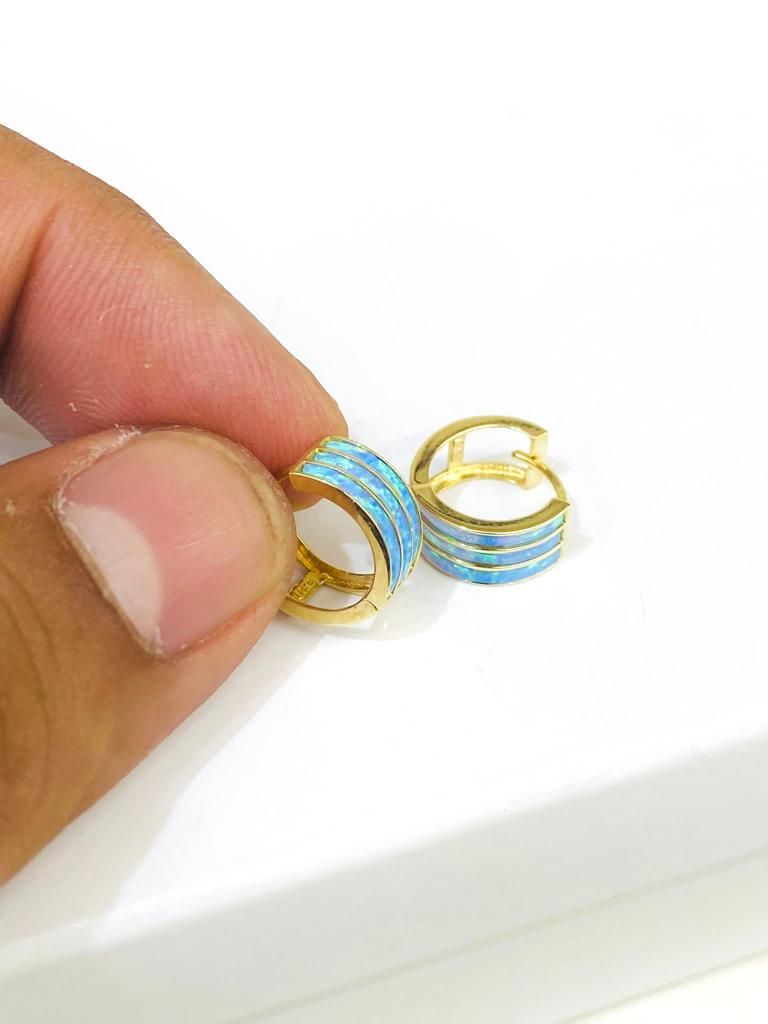 14K Yellow Blue Opal Huggies Hoop Earrings Babies Girls Jewelry Womens 11x12mm