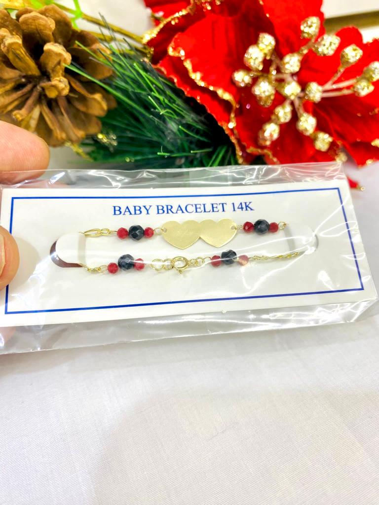 14K Yellow Gold Baby ID Bracelet for Kids Children Black Red Beads Heart Cloud for Good Luck