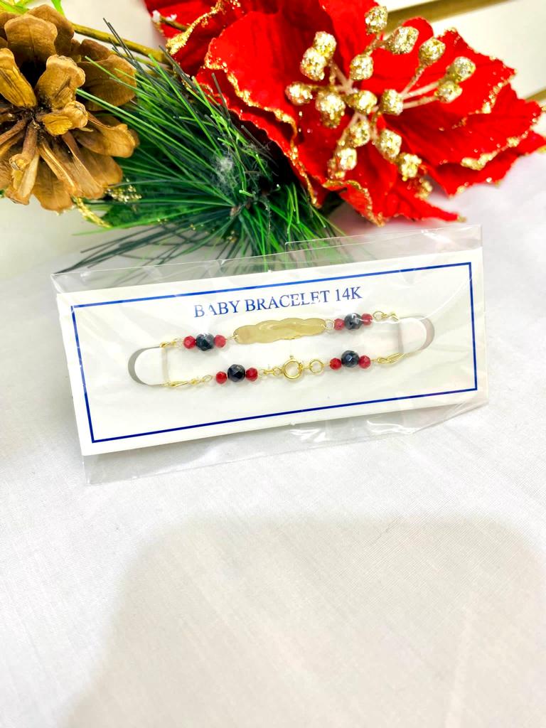 14K Yellow Gold Baby ID Bracelet for Kids Children Black Red Beads Heart Cloud for Good Luck