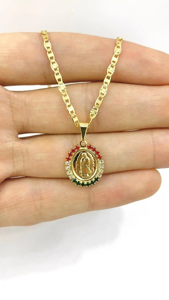 14K Gold Filled Virgen de Guadalupe Necklace Charm Pendant CZ 18x14mm 14" Newborn Baby Kids Gifts Religious