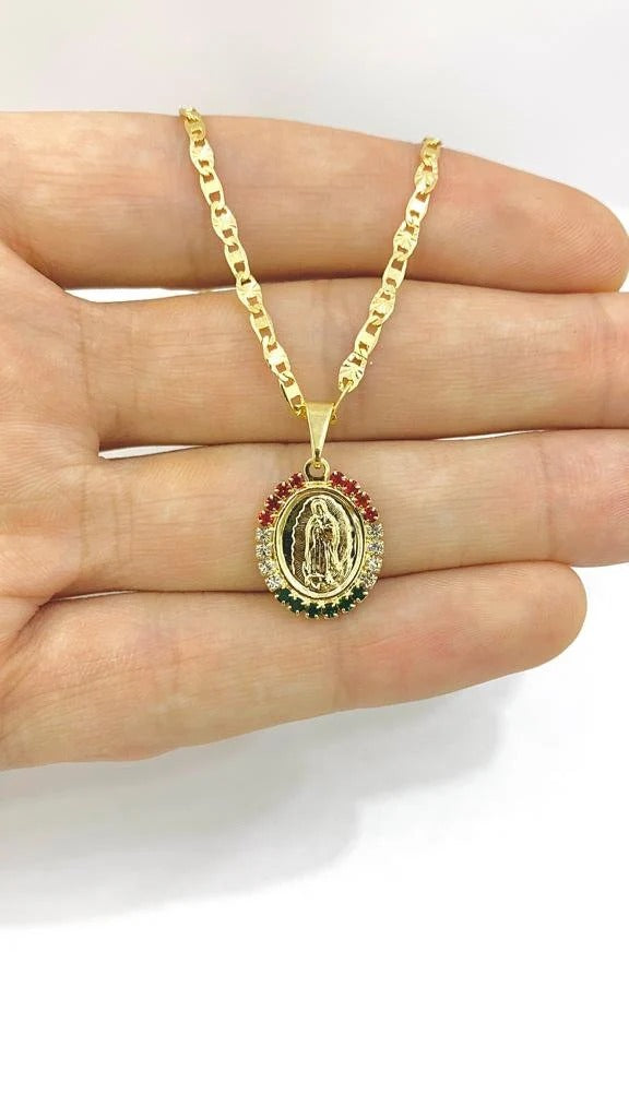 14K Gold Filled Virgen de Guadalupe Necklace Charm Pendant CZ 18x14mm 14" Newborn Baby Kids Gifts Religious