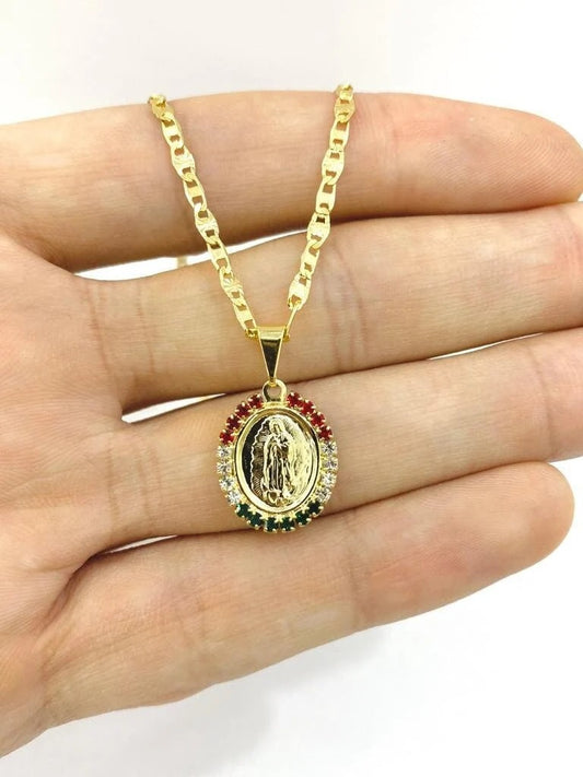 14K Gold Filled Virgen de Guadalupe Necklace Charm Pendant CZ 18x14mm 14" Newborn Baby Kids Gifts Religious