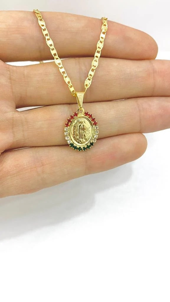 14K Gold Filled Virgen de Guadalupe Necklace Charm Pendant CZ 18x14mm 14" Newborn Baby Kids Gifts Religious