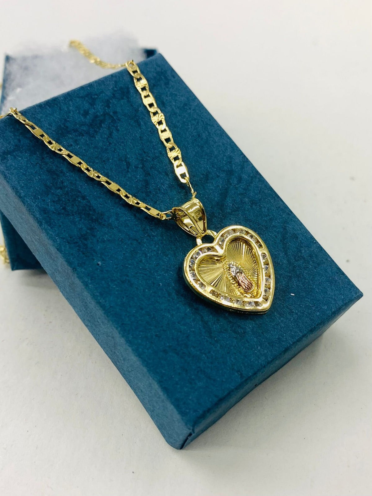 Heart Virgen de Guadalupe Charm Necklace CZ Pendant in 14K Gold Filled Bapstim Gifts 1st Communion