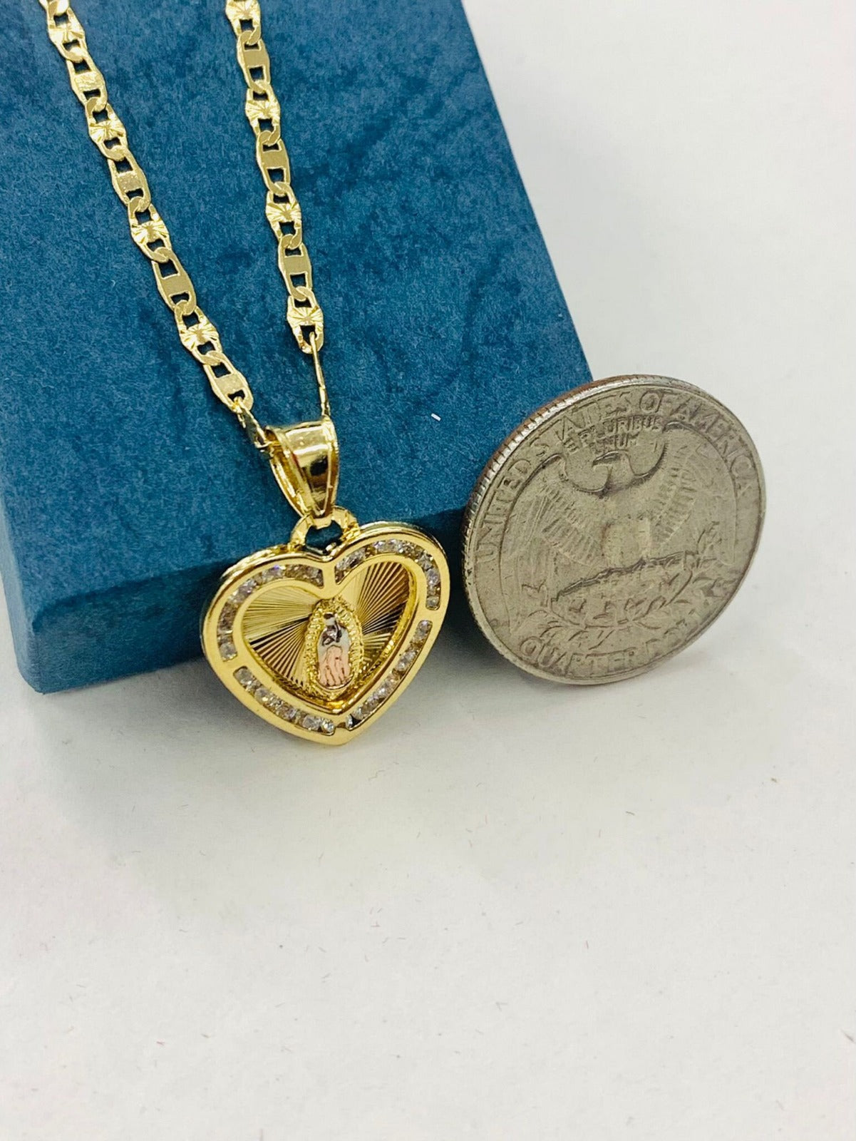 Heart Virgen de Guadalupe Charm Necklace CZ Pendant in 14K Gold Filled Bapstim Gifts 1st Communion