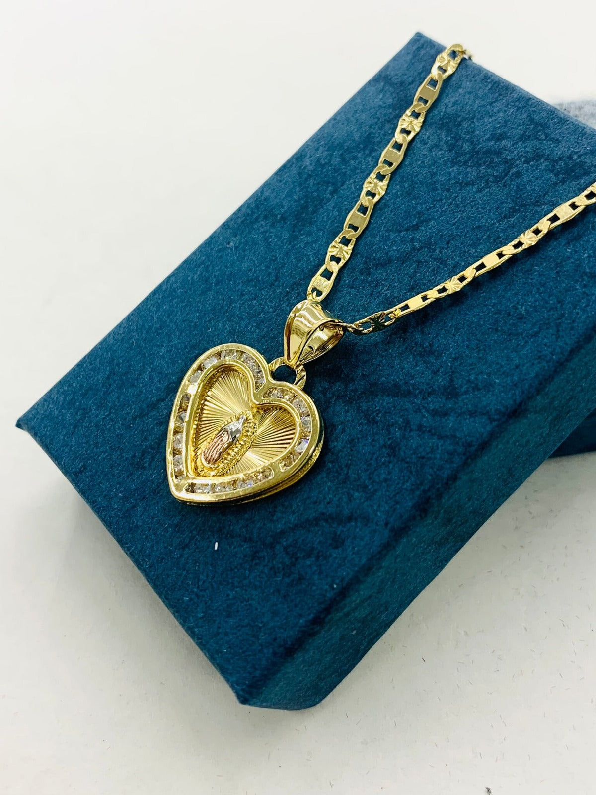 Heart Virgen de Guadalupe Charm Necklace CZ Pendant in 14K Gold Filled Bapstim Gifts 1st Communion