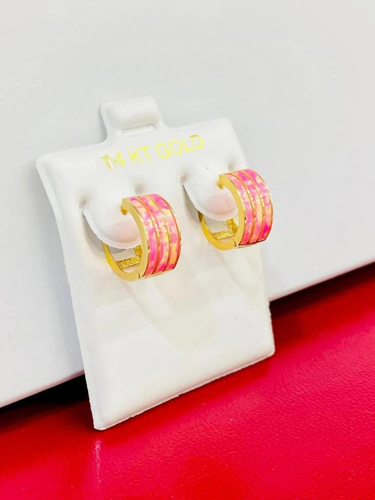 Opal Pink Huggies Hoop Earrings for Girls Womens in 14K Yellow Gold 11x12mm Gifts for Her