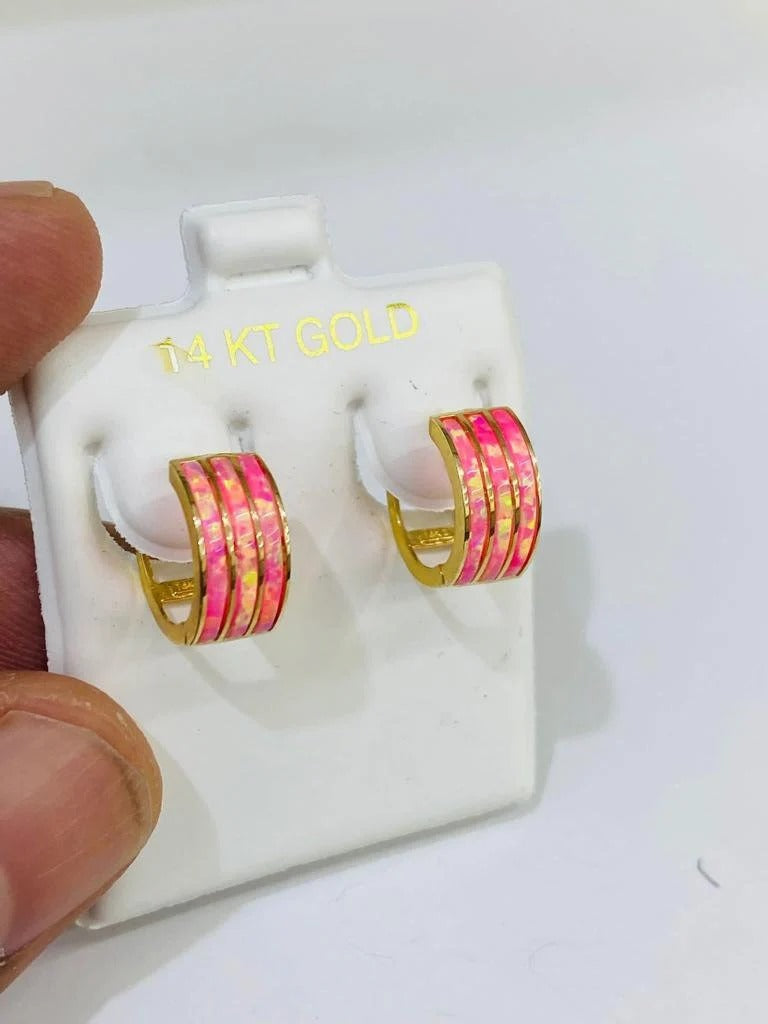 Opal Pink Huggies Hoop Earrings for Girls Womens in 14K Yellow Gold 11x12mm Gifts for Her