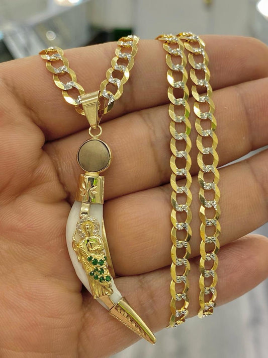 Comillo de San Judas Manto Verde 14K Yellow Gold Teeth Curb Chain Necklace