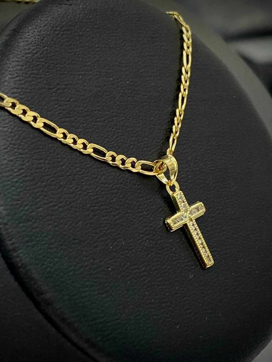 Small Cross Necklace Pendant CZ 14K Gold Filled Womens Kids Crucifix Figaro Chain 17x10