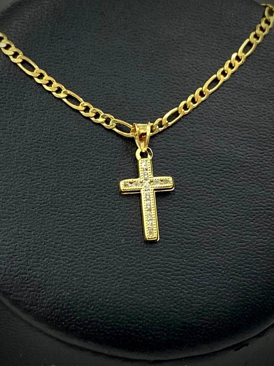 Small Cross Necklace Pendant CZ 14K Gold Filled Womens Kids Crucifix Figaro Chain 17x10