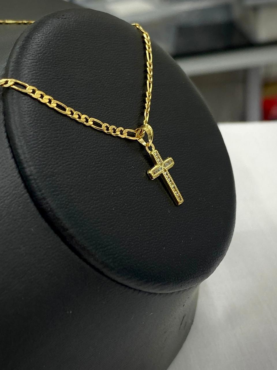 Small Cross Necklace Pendant CZ 14K Gold Filled Womens Kids Crucifix Figaro Chain 17x10