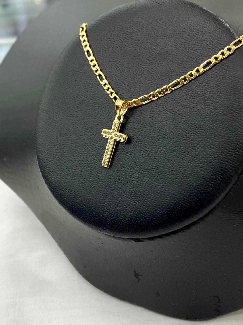 Small Cross Necklace Pendant CZ 14K Gold Filled Womens Kids Crucifix Figaro Chain 17x10