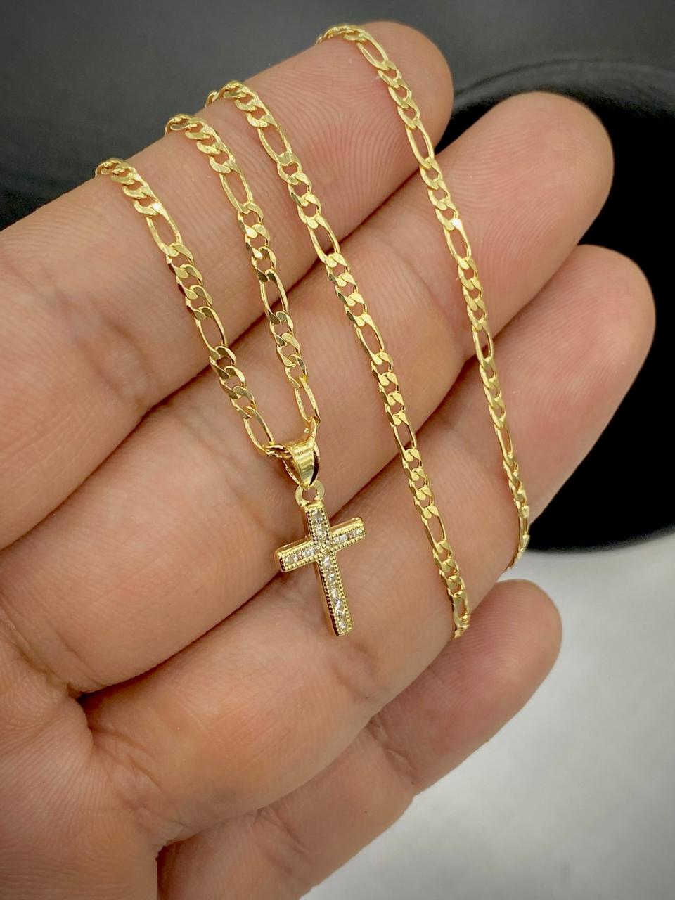 Small Cross Necklace Pendant CZ 14K Gold Filled Womens Kids Crucifix Figaro Chain 17x10