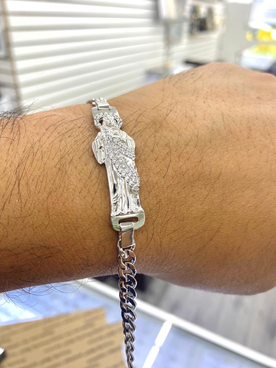 925 Sterling Silver Saint Jude Bracelet CZ San Judas Wristband Religious Mens Womens