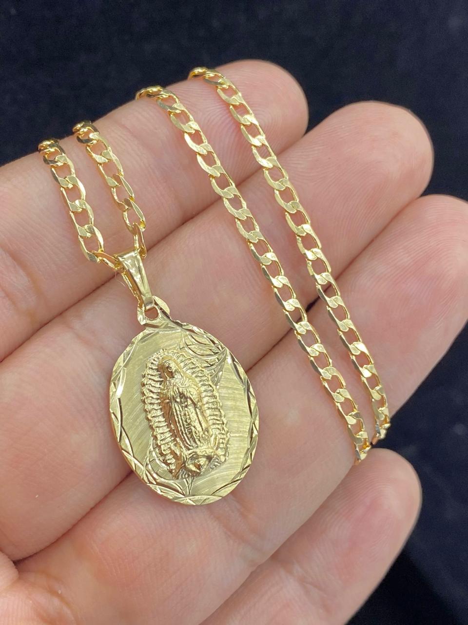 24" Yellow Virgen De Guadalupe Necklace Diamond Cut Womens Curb Chain 14K Gold Filled