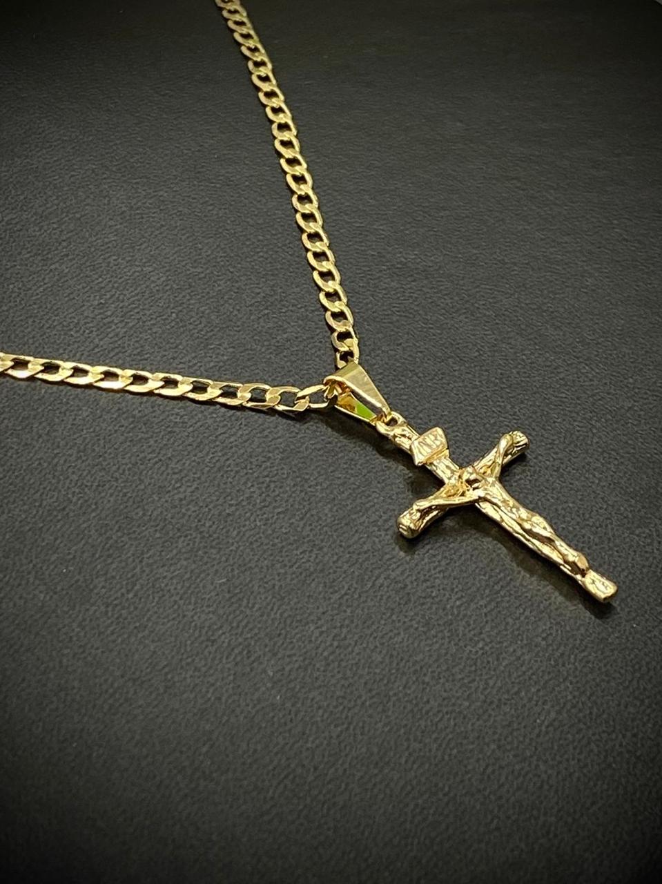 Yellow Gold Filled Rustic Cross Necklace Crucifix Charm Mens Womens Curb Chain 24"