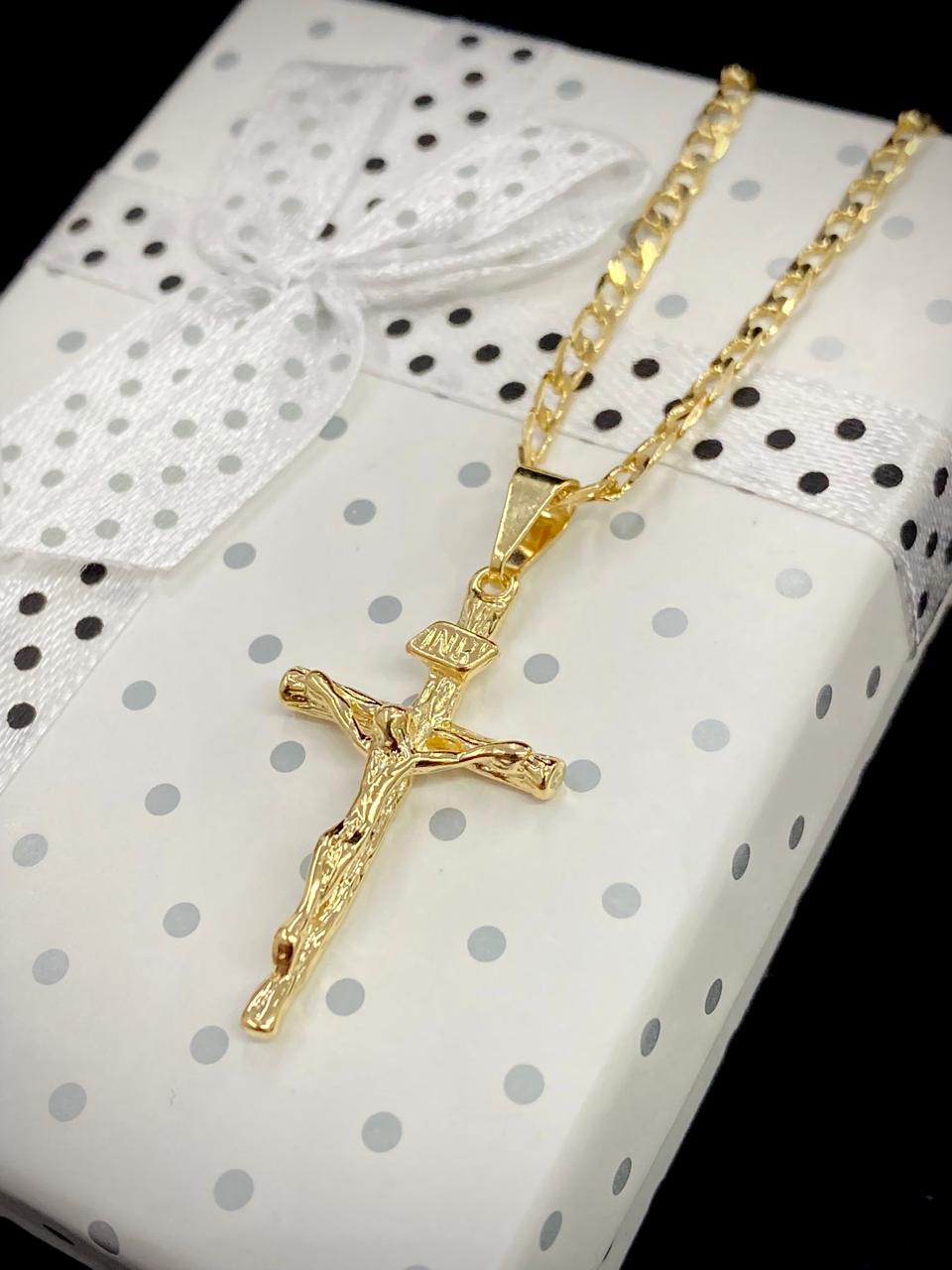 Yellow Gold Filled Rustic Cross Necklace Crucifix Charm Mens Womens Curb Chain 24"