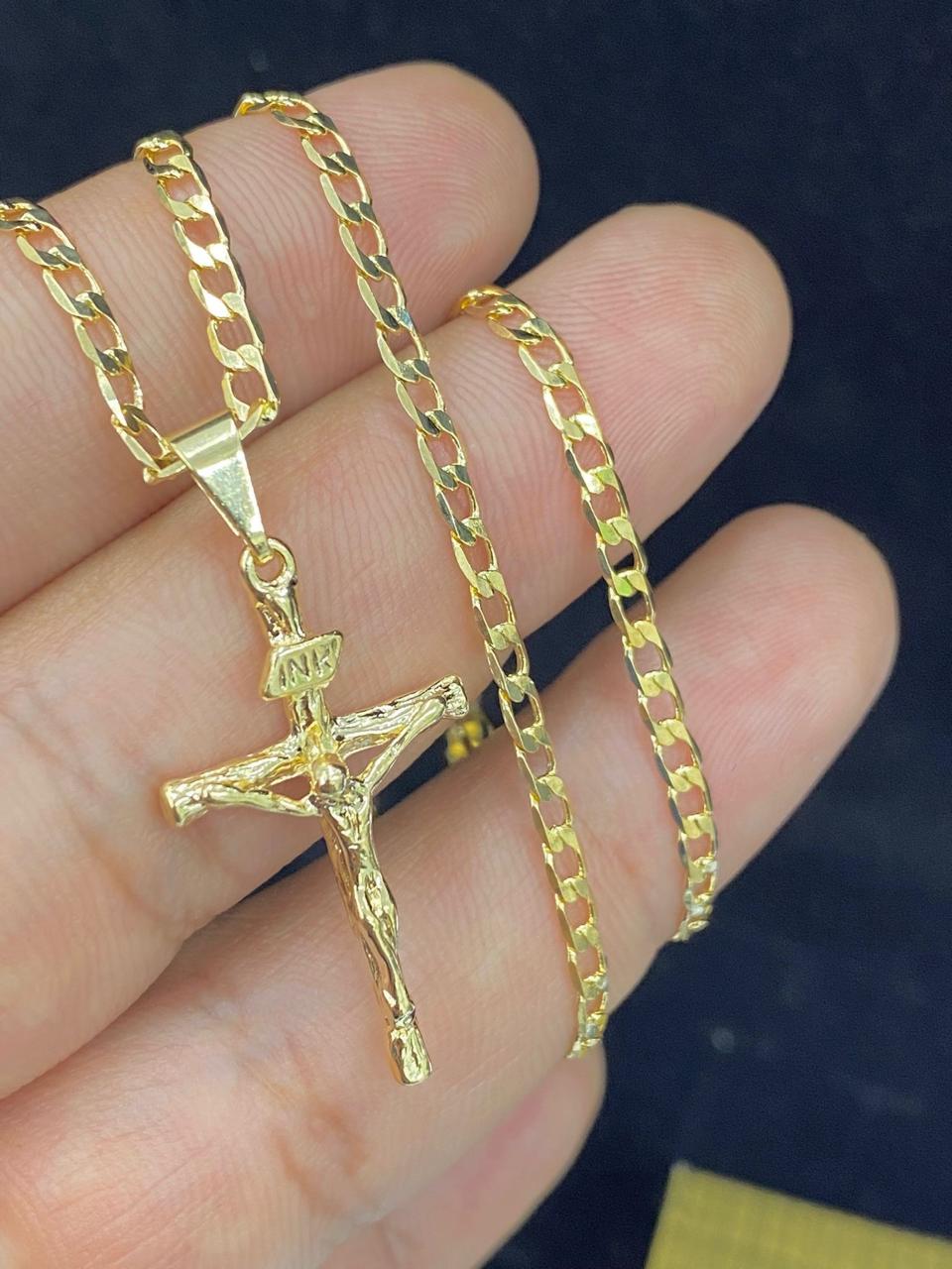 Yellow Gold Filled Rustic Cross Necklace Crucifix Charm Mens Womens Curb Chain 24"