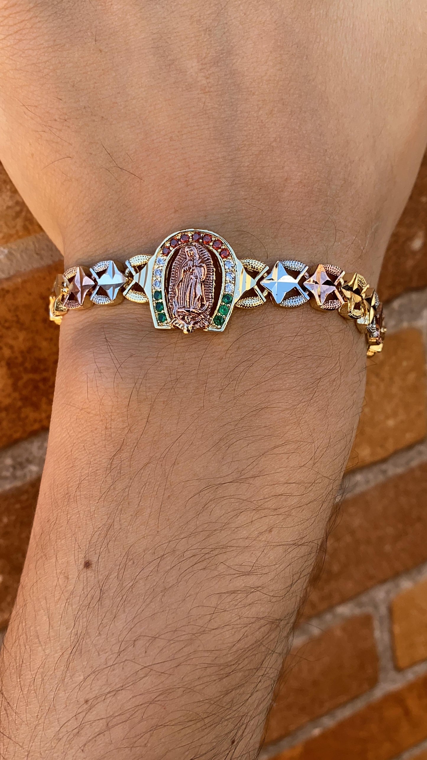 Virgen de Guadalupe Bracelet Green Red Clear CZ Stones Tri Color Gold Filled 7.5" for Womens