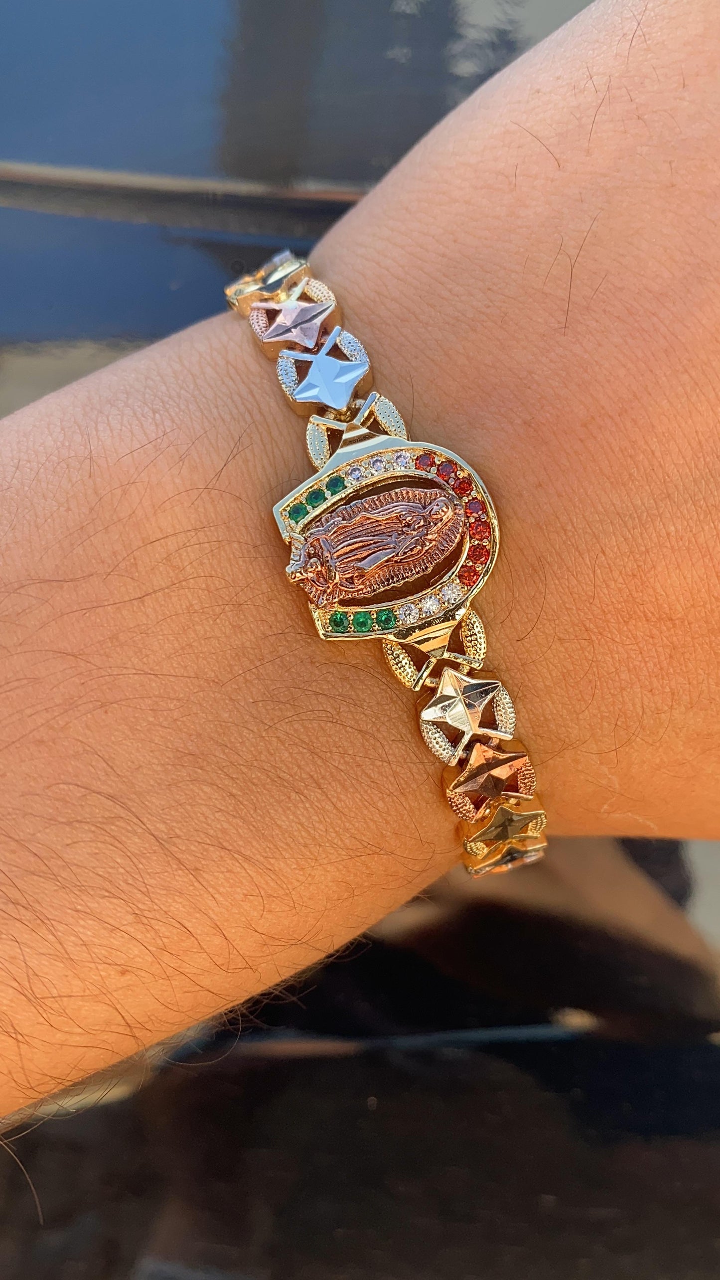 Virgen de Guadalupe Bracelet Green Red Clear CZ Stones Tri Color Gold Filled 7.5" for Womens