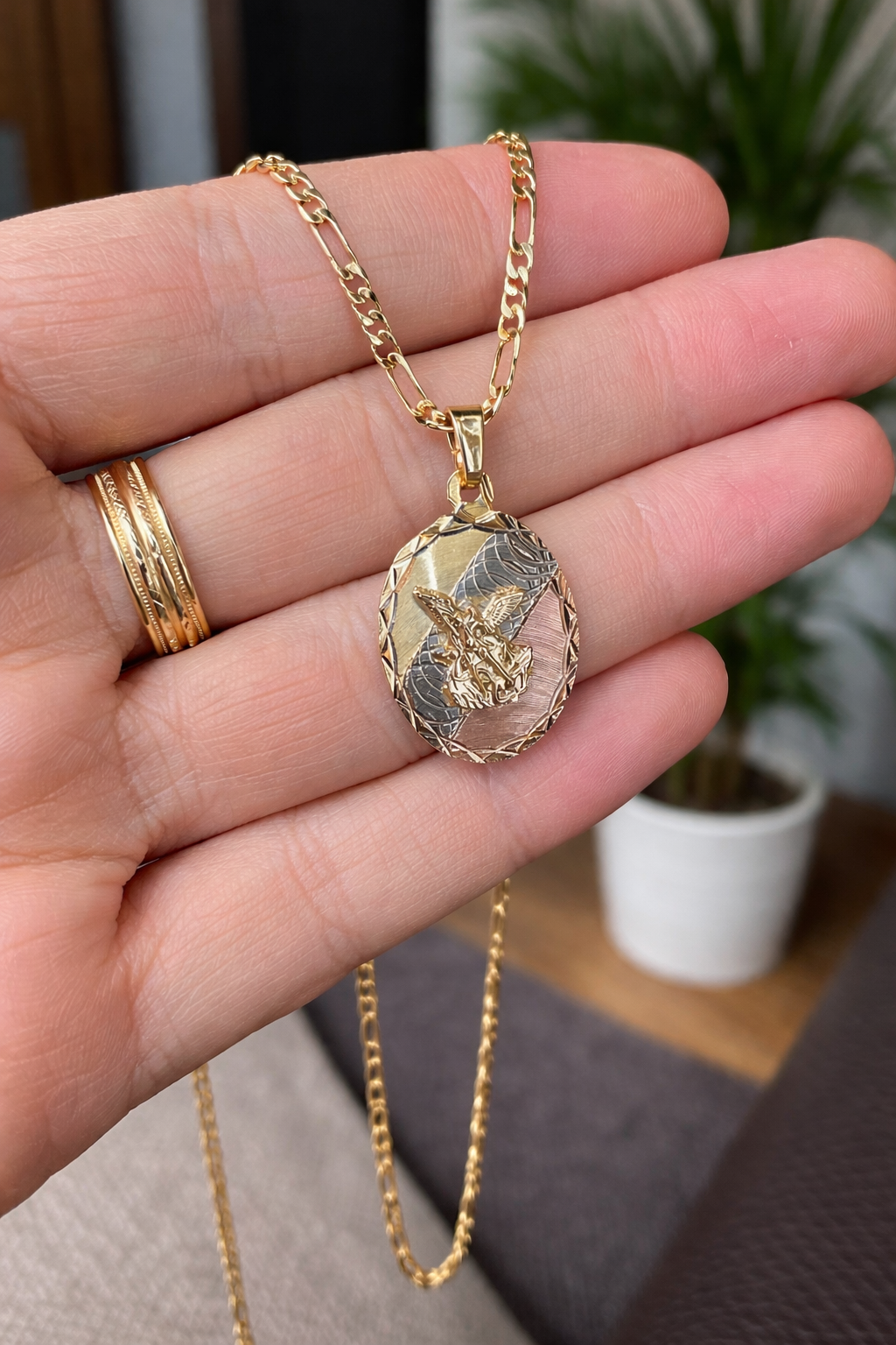 Tri Color Saint Michael Pendant Necklace Figaro Chain