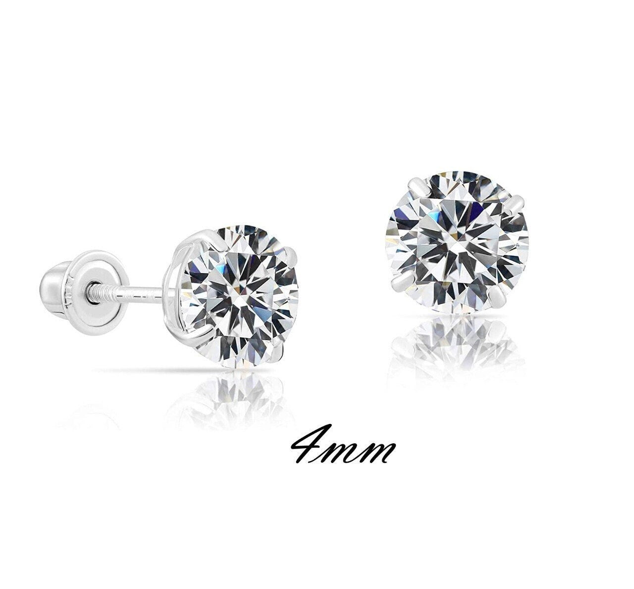 10K White Gold Stud Screw Back Earrings for Womens Mens Girls Gifts CZ Diamond Earrings