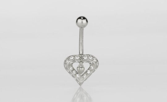 14K Yellow & White Real Gold CZ Dangle Heart Navel Belly Button Ring Piercing