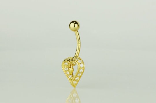 14K Yellow & White Real Gold CZ Dangle Heart Navel Belly Button Ring Piercing