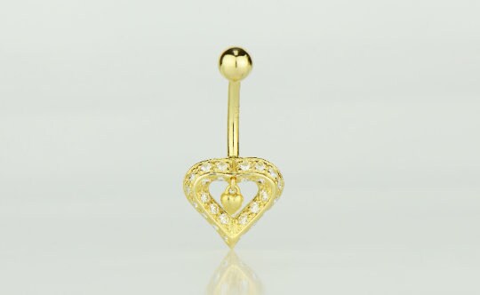 14K Yellow & White Real Gold CZ Dangle Heart Navel Belly Button Ring Piercing