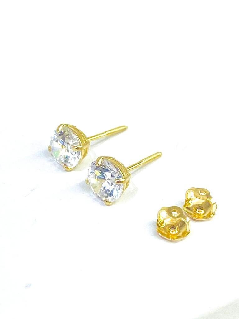 AAA Heavy Basket 6mm CZ Stud Screw Back Earrings 14K Yellow Gold for Womens Mens