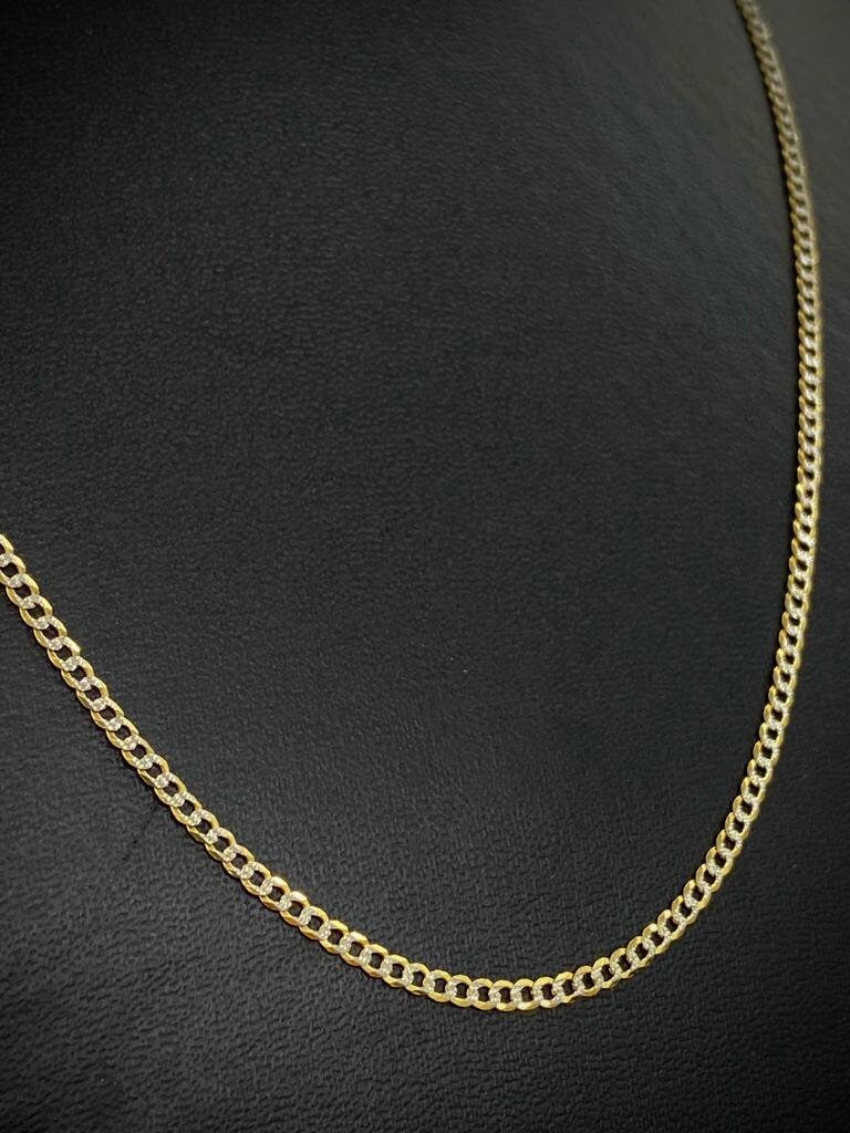 10K Yellow Gold Cuban Chain Necklace Two Tone 2.4mm for Kids Womens Mens Diamond Cut